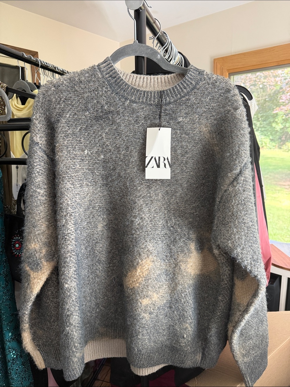 Zara Gray Crewneck Sweater with Cream Accents